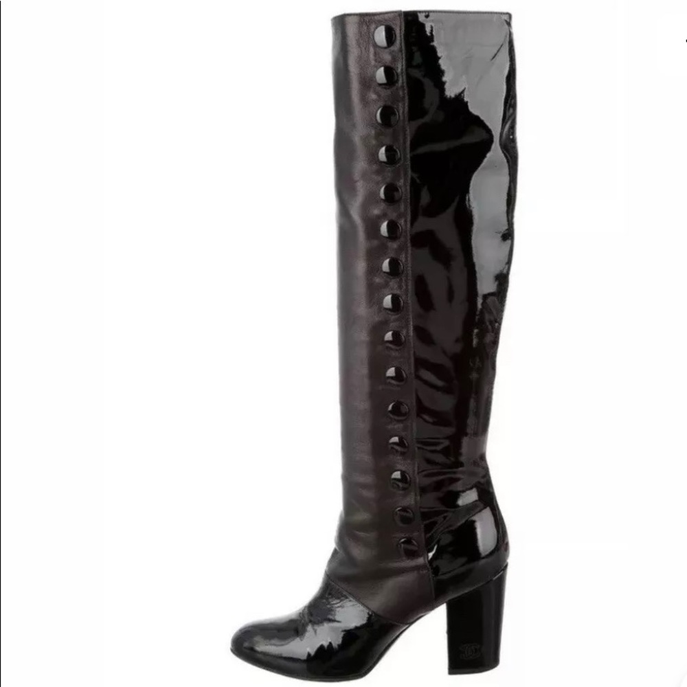 Chanel black leather and patent knee-high boots